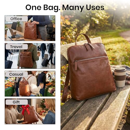 Genuine Leather Backpack for Women - 12.5 Inch with Adjustable Shoulder Strap - Stylish and Durable (Tan) - color: Tan