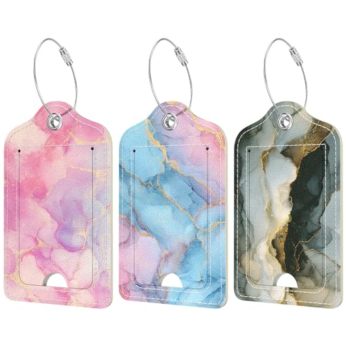 Rimilak 3 Pcs PU Leather Luggage Tags for Suitcase, Travel Cruise Luggage Tag with Privacy Flap, Name ID Label and Metal Loop for Women Men Baggage Handbag School Bag Backpack, Black Pink Marble - color: Black Pink Marble