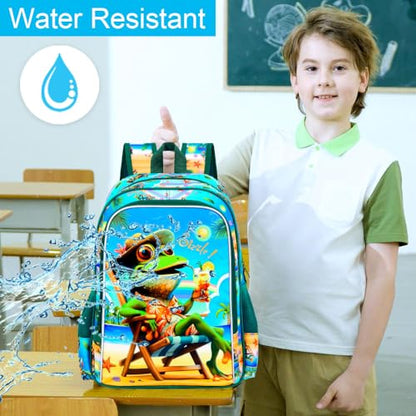 3Pcs Kids Backpack for Boys, 16" Frog Kindergarten Preschool Elementary Bookbag Set, School Backpacks with Lunch Box(Green) - color: Frog Green
