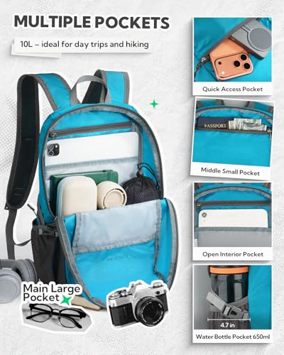 WATERFLY Small Lightweight Packable Backpack: 10L Mini Ultra Light Foldable Travel Sport Cycling Daypack with Breathable Shoulder Strap Outdoor Hiking Walking Day Pack for Women Men - color: Peacock Blue