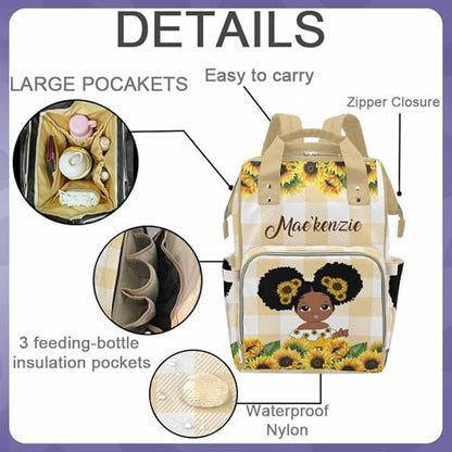 Newcos Personalized Sunflower Mommy Nursing Baby Bags Custom Afro Princess Diaper Bag Backpack with Name Customized Large Nappy Bags for Women - color: 230112-17