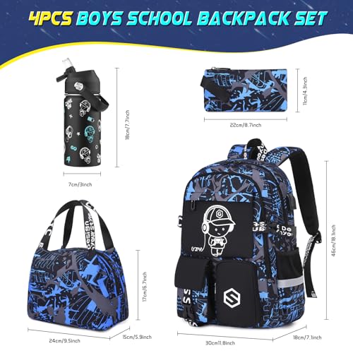 Scothen Boys Backpack, Cool Luminous Gamer School Backpacks for Boys with 14oz Insulated Water Bottle Lunch Bag Pencil Case, Kids Backpack Book Bags for Kindergarten Elementary Middle School - color: Blue Musicer