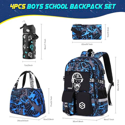 Scothen Boys Backpack, Cool Luminous Gamer School Backpacks for Boys with 14oz Insulated Water Bottle Lunch Bag Pencil Case, Kids Backpack Book Bags for Kindergarten Elementary Middle School - color: Blue Musicer