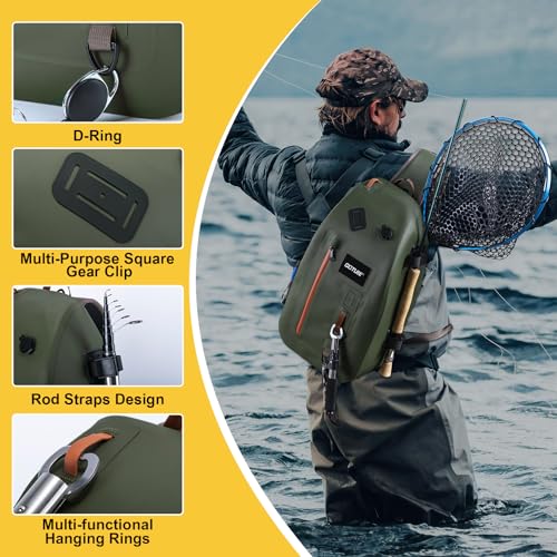 Goture Waterproof Fly Fishing Sling Pack, IPX8 840D TPU Fishing Sling Bag, 13L Tackle Backpack with Rod Holder,Airtight Zipper,Exhaust Valve,Adjustable Strap for Kayaking,Wadering,Hiking - color: A2:13L Green