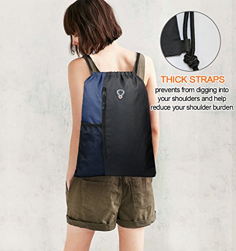 BeeGreen Drawstring Backpack Sports Gym Bag for Women Men Large Cinch Sackpack with 2 Zipper Pockets and Water Bottle Mesh Pockets Black Navy - color: Black/Navy, style: Drawstring With Mesh Pocket