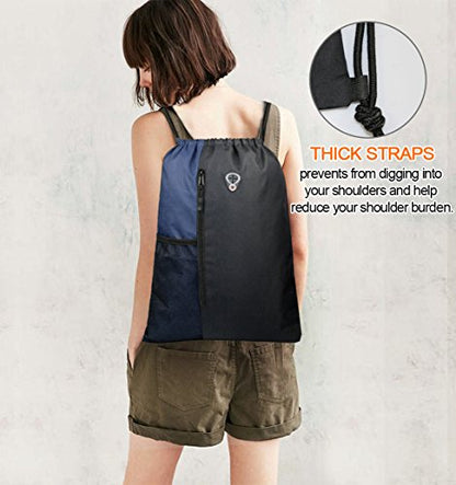 BeeGreen Drawstring Backpack Sports Gym Bag for Women Men Large Cinch Sackpack with 2 Zipper Pockets and Water Bottle Mesh Pockets Black Navy - color: Black/Navy, style: Drawstring With Mesh Pocket