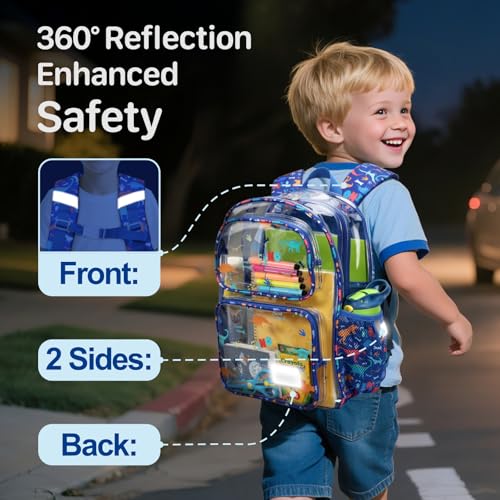 Bagseri Clear Backpack for Boys, 15 Inch Heavy Duty Kids Transparent Bookbag for School Kindergarten to 2nd Grade, Fits 12.5 Inch Folders, High Visibility Reflective Strips, Blue Dinosaur - color: 1pcs, B-blue Dinosaur, style: Backpack