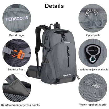 FENGDONG 40L Waterproof Lightweight Hiking,Camping,Travel Backpack for Men Women Gray - color: A3- Gray