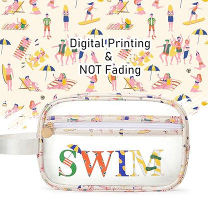 COSHAYSOO Clear SWIM Bag Swimming Pool Accessories Cute Swimmer Team Gifts for Women Teen Girls Bikini Swimsuit Goggle Cap Sunscreen Makeup Storage, Waterproof Beach Vacation Summer Travel Essentials - color: Beige SWIM