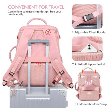 Beraliy Travel Backpack for Women, Airline Approved Bag, Carry On Waterproof Hiking Backpack, 16 inch Laptop Backpack, Overnight Bag, Pink - color: Pink, size: Large