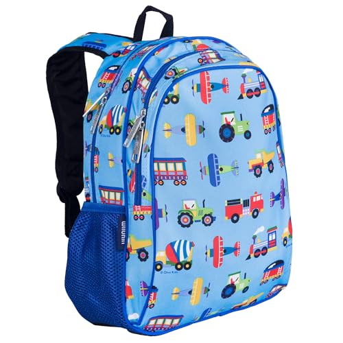 Wildkin 15 Inch Backpack for Boys/Girls, Trains, Planes, and Trucks | Ages 5-10, padded straps, side water bottle pocket, coordinates with matching Wildkin lunch box and water bottle. - color: Trains, Planes, and Trucks