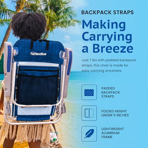 Homevative Cooler+ Folding Backpack Beach Chair with 5 Positions, Towel bar, XL Cooler Pouch, Storage Net, Cup and Phone Holder, Breeze, 2 Pack - color: Breeze
