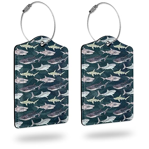 Luggage Tags for suitcases,2 Pack Cute Shark Luggage Tag,Leather Stainless Steel Loop Label Tag for Women Men Girls Travel Bag Suitcase - color: Cute Shark