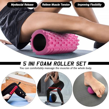 JOYENERGY 5 in 1 Foam Roller Set, Trigger Point Foam Roller Patented, Massage Stick, Massage Ball, Resistance Band for Deep Muscle Massage Pilates Yoga, Fitness Exercise for Whole Body - color: Rose Red