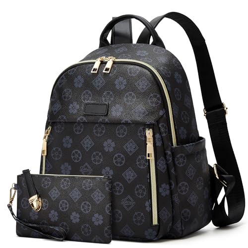 Makes Mini Backpack for Women, Stylish Daypack Purse Handbag Small Casual Daily Travel Bag, Lady Girls Gifts for Work School, 2pcs Sets - color: Black Flower
