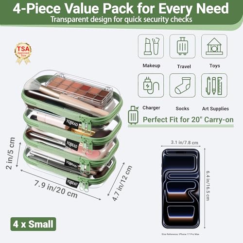YQBRAO 4-Pack Clear Hard Shell Zipper Case, 1.2mm Ultra-Thick Diaper Bag Organizer Pouches, Rigid Self-Standing Travel Makeup Bags with YKK Zippers, TSA Approved, Green - color: Green, size: 4 Pack(S)