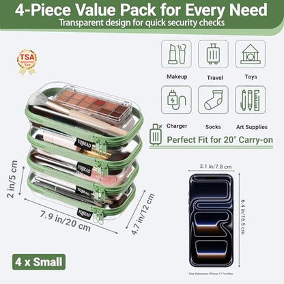YQBRAO 4-Pack Clear Hard Shell Zipper Case, 1.2mm Ultra-Thick Diaper Bag Organizer Pouches, Rigid Self-Standing Travel Makeup Bags with YKK Zippers, TSA Approved, Green - color: Green, size: 4 Pack(S)
