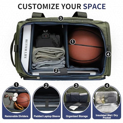 45L Convertible Duffel Backpack, 3 in 1 Gym Bag with Laptop Sleeve, Wet Pockets & Insulated Bottom, Green - color: Green, size: 45L