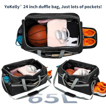 Men's 65L Gym Bag with Wet Pocket and Shoe Compartment- 24"x12.5"x13" Large Sports Duffle Bag for Gym Travel - Black - color: Black