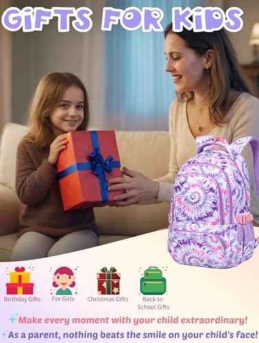 BLUEFAIRY Kids Backpack for Girls 17In Elementary Middle School Bookbag for Aged 6-8 8-10 10-12 Teens Childs Back to School Bag with Laptop Compartment Mochilas Escolares para Niñas de Tie-dye Purple - color: Light Orchid Purple