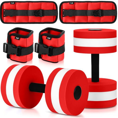 Hollowfly Water Aerobics Set, 4 Piece Pool Exercise Kit (2 Aquatic Dumbbells + 2 Ankle/wrist Weights), EVA Foam, Low-impact Workout - color: Red, size: 1lb