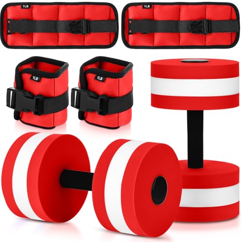 Hollowfly Water Aerobics Set, 4 Piece Pool Exercise Kit (2 Aquatic Dumbbells + 2 Ankle/wrist Weights), EVA Foam, Low-impact Workout - color: Red, size: 1lb