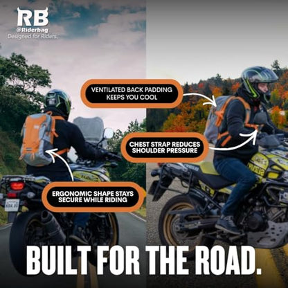 riderbag Reflective Motorcycle Backpack, Hi Viz Commuter Riding Bag | Designed by Riders for Everyday Rides with Laptop Compartment and Helmet Net. Built to Help You Be Seen. - color: Orange