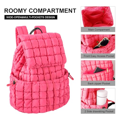 XSUIOY Quilted Backpack Purse for Women Small Lightweight Puffer Puffy College Laptop Backpack Nylon Casual Bookbag Daypack Top Flap Drawstring Padding Hiker Travel Gym Backpack(Rosered) - color: Rosered