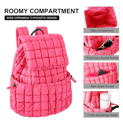 XSUIOY Quilted Backpack Purse for Women Small Lightweight Puffer Puffy College Laptop Backpack Nylon Casual Bookbag Daypack Top Flap Drawstring Padding Hiker Travel Gym Backpack(Rosered) - color: Rosered