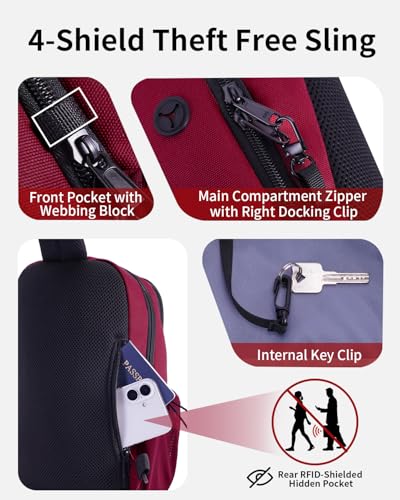 ECOHUB Anti-Theft Crossbody Bag Men Women, RFID Blocking Lightweight Sling Backpack Eco-Friendly with 9 Pockets Sturdy SBS Zippers Water Resistant for Travel Work Hiking Outdoor, Red - color: Red