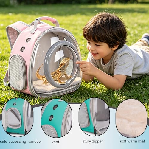 WEVONIGU Bearded Dragon Backpack Carrier with Clear Bubble Dome Window Large Space & Breathable Travel Cage with Soft Mat Airline Approved - color: Pink, size: Backpack