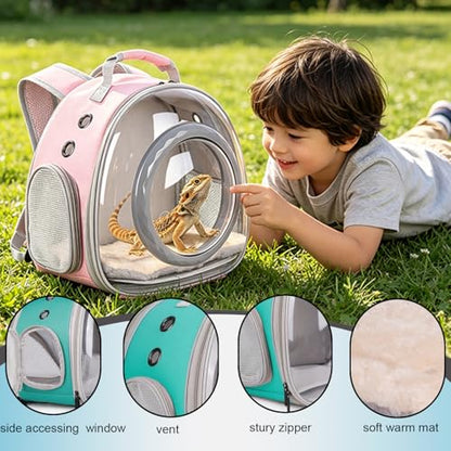 WEVONIGU Bearded Dragon Backpack Carrier with Clear Bubble Dome Window Large Space & Breathable Travel Cage with Soft Mat Airline Approved - color: Pink, size: Backpack