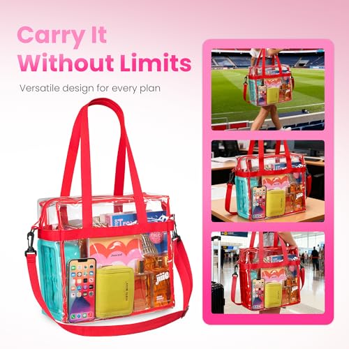 Handy Laundry Clear Bag 12x6x12 Stadium Approved - Transparent Tote Zippered Top & Shoulder Straps for Work, Sports, Concerts - color: Red