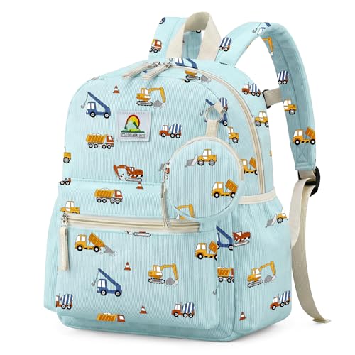 Corduroy Toddler Backpack for Boys 2-5: Construction Kids backpack for Boys - 13.5 inch Preschool Kindergarten Backpacks with Coin Purse - color: Light Blue-engineering Vehicle