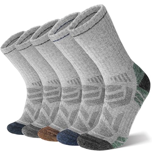 ANTSANG Merino Wool Hiking Socks, Enhanced Breathability, Targeted Cushion Thermal Socks for Men and Women, 5 Pairs - color: Gray Mixed, size: Medium