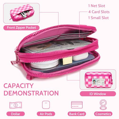 FODOKO Wristlet wallets for women Nylon Quilted Wallet with 4 Zippers,Travel Credit Card,Holder Cell Phone Organizer - color: Rose Red