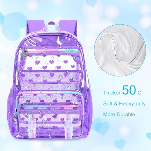 KLFVB 3PCS Transparent Backpack Heavy Duty, Girls See Through School Bag Set, Cute Clear Bookbag for Women - Heart Love Purple - color: Heart Love Purple Clear Backpack