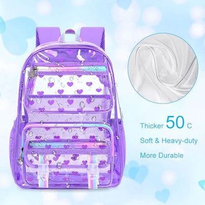 KLFVB 3PCS Transparent Backpack Heavy Duty, Girls See Through School Bag Set, Cute Clear Bookbag for Women - Heart Love Purple - color: Heart Love Purple Clear Backpack