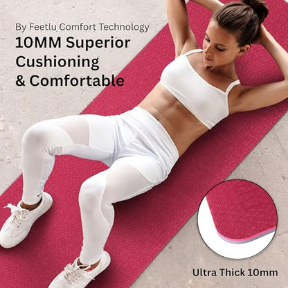 Extra Thick Yoga Mat with Carry Strap, 10mm Non-Slip Exercise Mat, 72 x 24 Inch Cushioned Workout Mat for Yoga, Pilates, Stretching & Floor Exercises - color: Pink & Gray