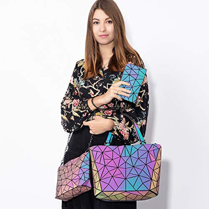 LOVEVOOK Geometric Luminous Purses and Handbags for Women Holographic Reflective Crossbody Bag Wallet - color: Handbag + Crossbody Bags + Wallet
