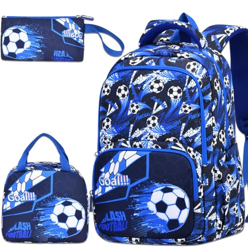 3PCS Kids Backpack Set, School Backpack with Lunch Bag & Pencil Case, Lightweight Waterproof Bookbag for Kids (Soccer Blue) - color: Soccer Blue