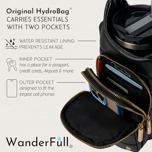 WanderFull HydroBag Handle®, Vegan Leather Hands-Free Crossbody 40 Oz Water Bottle Carrier w/Strap Bundle - color: Black