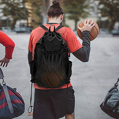 STAY GENT Drawstring Basketball Backpack for Boys, Foldable Soccer Backpack Gym Bag Sackpack Sports Sack with Detachable Ball Mesh Bag for Volleyball Baseball Yoga - color: Black