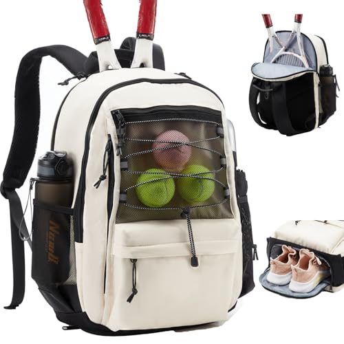 Tennis Bag, Tennis Backpack for Women Men 2 Rackets with Insulated Pocket Shoe Compartemnt for Pickleball Tennis - color: Beige