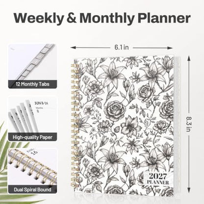 SUNEE 2027 Planner, Weekly and Monthly Calendar Planner, January 2027-December 2027, Daily Agenda with Tabs, Note Pages, Spiral Binding, 6"x8.3", Line Flora - color: Line Flora