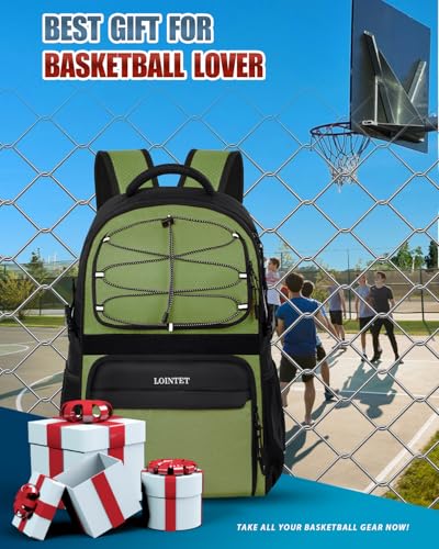 LOINTET Basketball Bag Backpack with Ball Holder Shoes Compartment, Large Basketball Accessories Sports Bag - color: Dark Green
