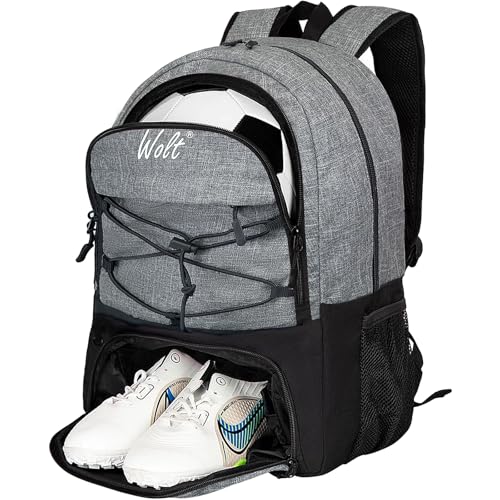 WOLT Soccer Backpack Soccer Bag with Ball Holder & Shoes Compartment, Sport Equipment Bags For Football, Basketball, Volleyball, Gym - color: Grey
