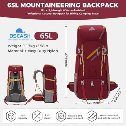 Bseash 65L Waterproof Hiking Camping Backpack with Rain Cover, Outdoor Sport Travel Daypack for Climbing Touring (Wine Red) - color: Wine Red