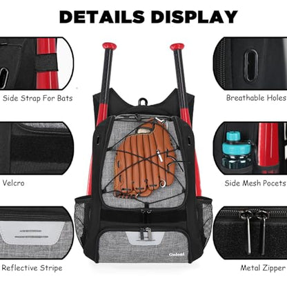 Goloni | Baseball Backpack,Baseball Bag for Adult,Softball Bat Bag with Shoes Compartment,Large Main Compartment for Helmet & accessories, Fence Hook - color: Grey
