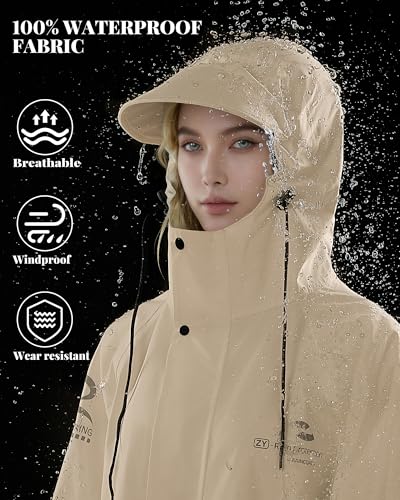 Rain Jacket Women with Hooded Waterproof Lightweight Packable Long Raincoat Poncho for Men Adults - color: Khaki, size: X-Large